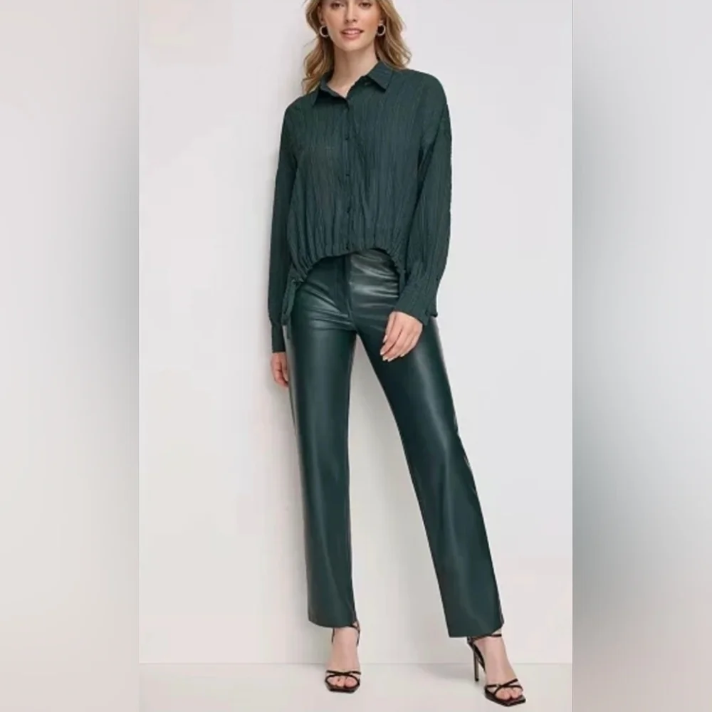 Calvin KLEIN Moto Polyester Faux Leather Straight Leg Ankle Pants Green Size 4